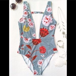 Zaful Grey Floral Plunging One Piece Swimsuit